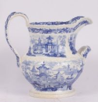 A large Wedgwood pitcher, transfer printed in blue and white with pagodas, impressed marks,