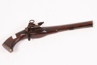 A flintlock pistol with embossed floral barrel top and acorn finial to the trigger, with ramrod,