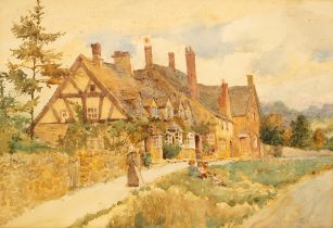 George Carline (1855-1920)/Cottages near Broadway/rural landscape with figures to foreground/signed