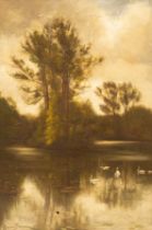 Haries Brown/Lakeside Landscape with Church/oil on canvas,