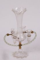 An English glass epergne, the central vase with flared rim,