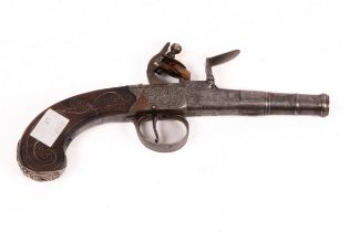 A Queen Anne flintlock pistol by Farmer, with turn off barrel and engraved lock plate,