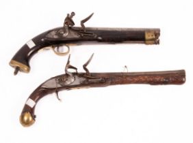 A flintlock pistol with lion rampant and Tower marks to the lock plates, brass mounted, with ramrod,
