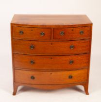 A mahogany bow fronted chest of two short and three long drawers, with brass hoop handles,