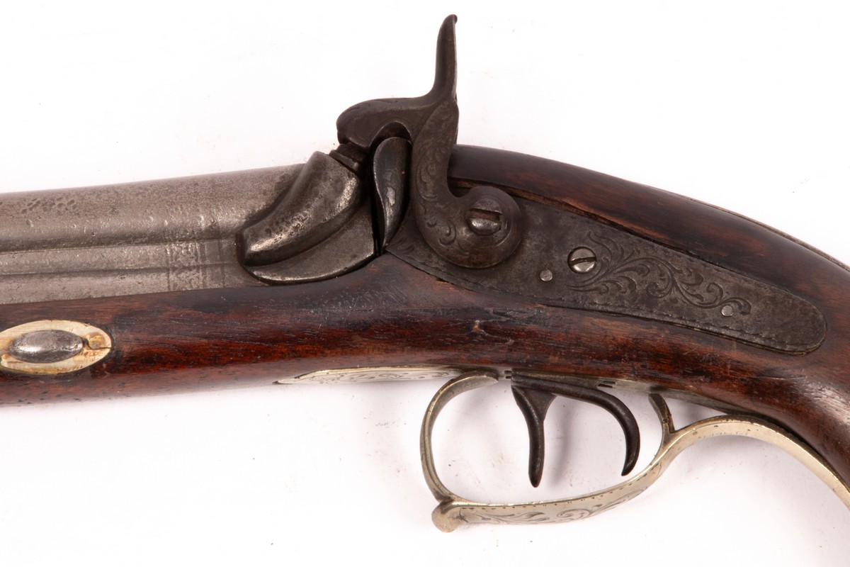 A double-barrel percussion cap pistol with engraved metal mounts and cap end, - Image 3 of 4