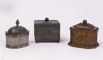 Three tobacco boxes, one lead rectangular box dated 1894,