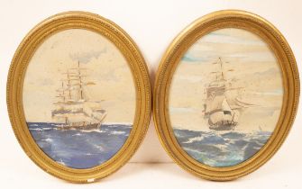 English School, early 20th Century/Three-Masters in a Choppy Sea/a pair/watercolour,