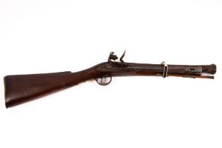 A flintlock blunderbuss with brass trigger guard, sprung bayonet and ramrod,