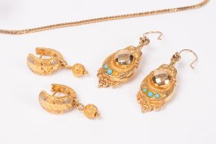 A pair of 9ct gold drop earrings, set with turquoise coloured stones,