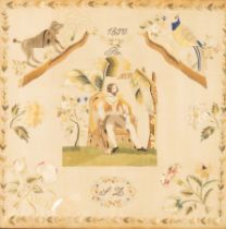 A Spanish silk embroidery, dated 1850 and initialled 'JL',