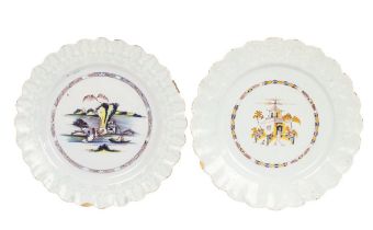 Two Bristol Delftware plates, circa 1760, both with bianco sopra bianco borders,