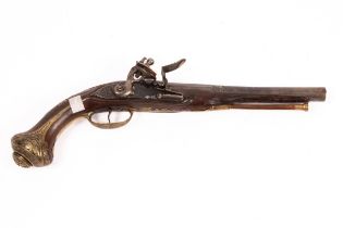 An 18th Century Eastern flintlock pistol with engraved barrel and gilt seal marks,