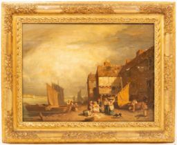 Dutch School, 19th Century/Fisher Folk/on a shore with buildings/oil on panel,