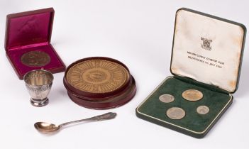A silver spoon and egg cup, a cased set of Malawi's first coinage issue boxed,