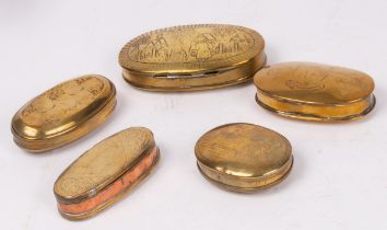 Five Dutch brass tinder boxes, all oval with engraved details,