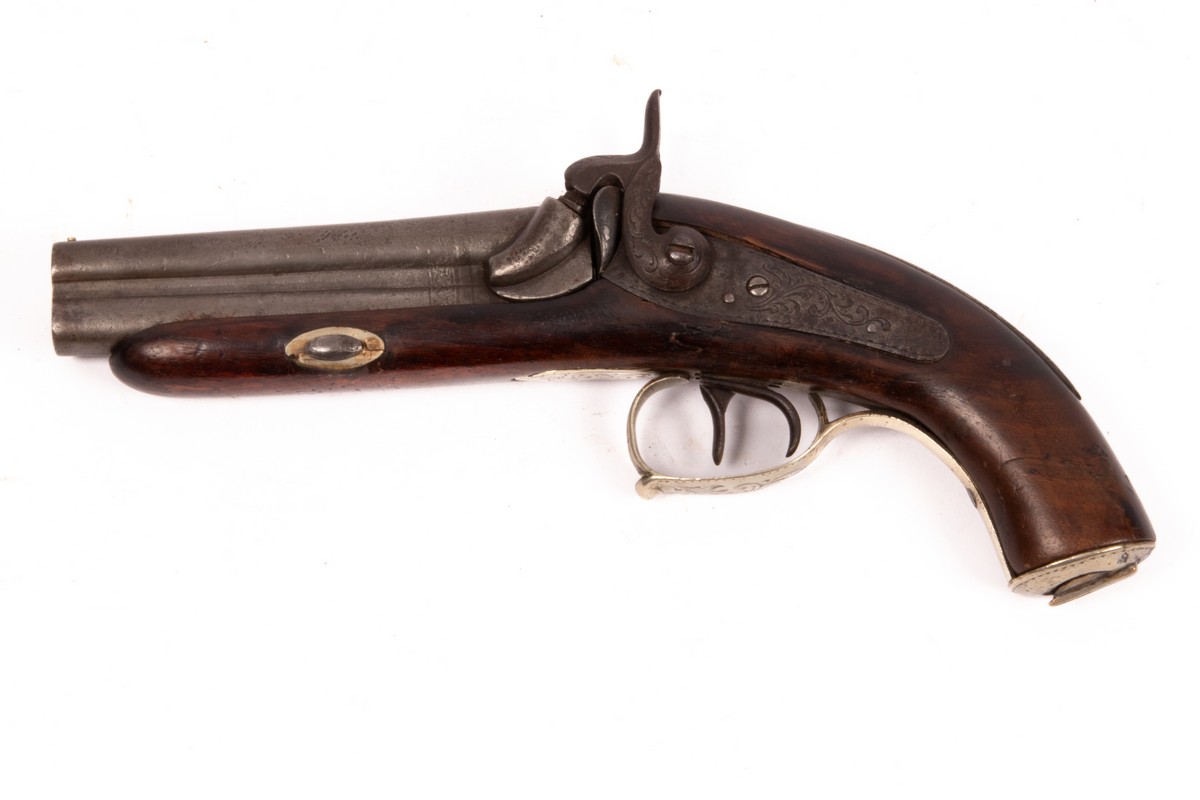 A double-barrel percussion cap pistol with engraved metal mounts and cap end, - Image 2 of 4