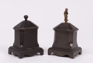 Two Regency cast iron tobacco boxes, one with figural finial,