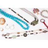 Assorted costume jewellery, beaded necklaces, jadeite beads, banded agate beads, brooches etc.