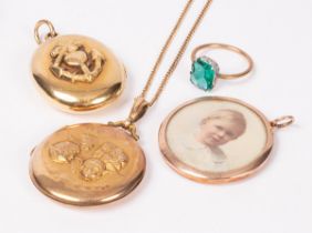 A 9ct gold circular pendant with portrait of a young boy, a gold locket with heart and anchor,