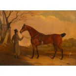 English School, 19th Century/Horse in a Landscape/with attendant wearing a grey coat/oil on canvas,