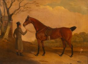 English School, 19th Century/Horse in a Landscape/with attendant wearing a grey coat/oil on canvas,