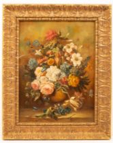 English School, 20th Century/Vase of Summer Flowers on a Marble Ledge/oil on canvas,