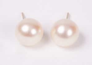 A pair of pearl ear studs, the pearls 10mm in diameter set in 18K white gold pearl earrings,