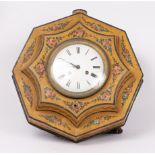 A French Tole clock, yellow ground floral decorated, white enamel dial with Roman numerals,