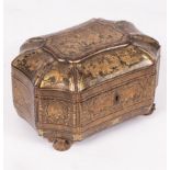 A Chinese export gilt lacquered tea caddy, 19th Century, of octagonal form on four paw feet,