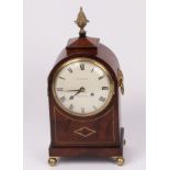 A brass inlaid mahogany mantel timepiece with a 6 inch convex white painted dial, signed W Tyrell,