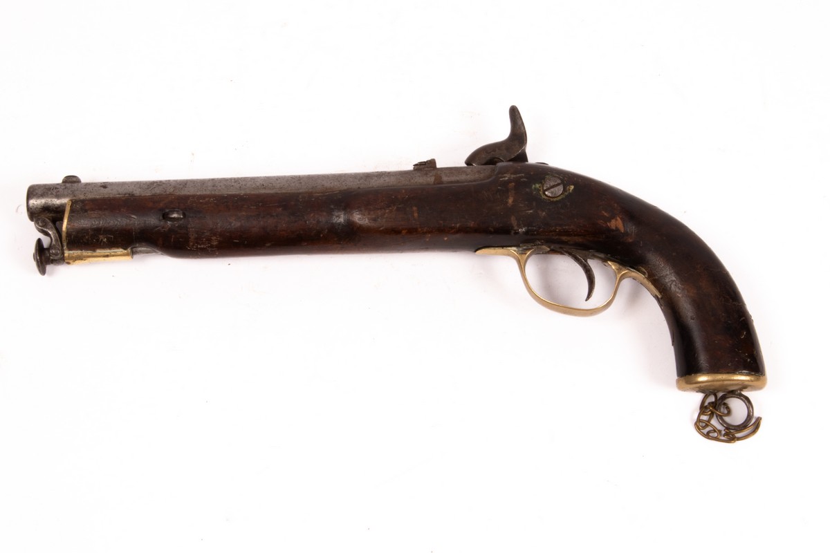 A percussion cap pistol, the lock plate engraved 'Tower 1858', brass mounted with ramrod, - Image 2 of 5