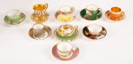 A group of seven French porcelain cabinet cups and saucers and two Meissen later-decorated examples
