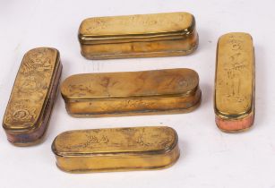 Five Dutch brass tinder boxes, all with engraved decoration,
