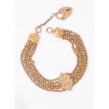 A 9ct gold five chain bracelet, engraved decoration with padlock clasp,
