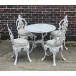 A painted garden set of table and four chairs, aluminium,