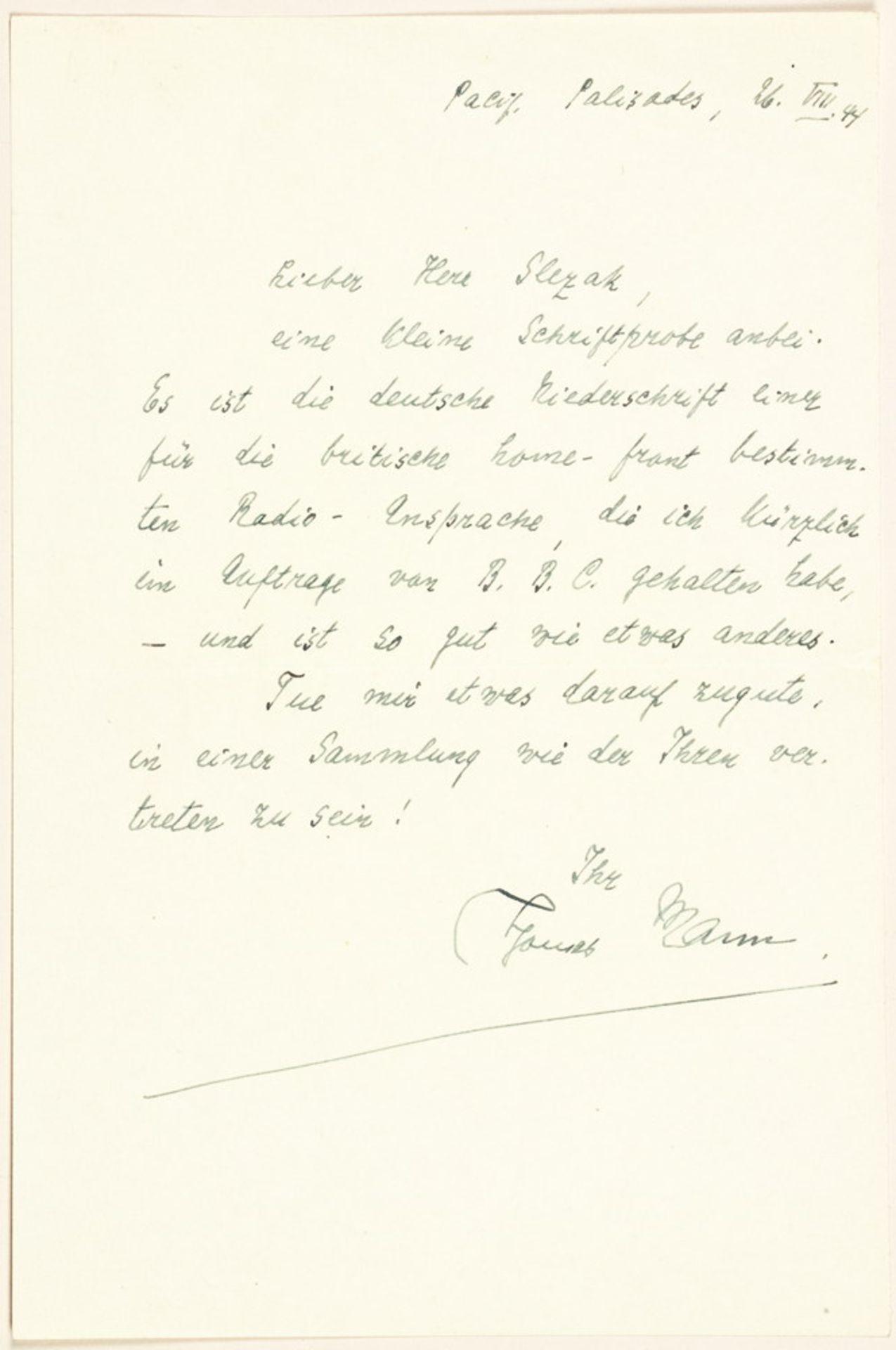 Thomas Mann. Eigenhändiger Brief mit Unterschrift.