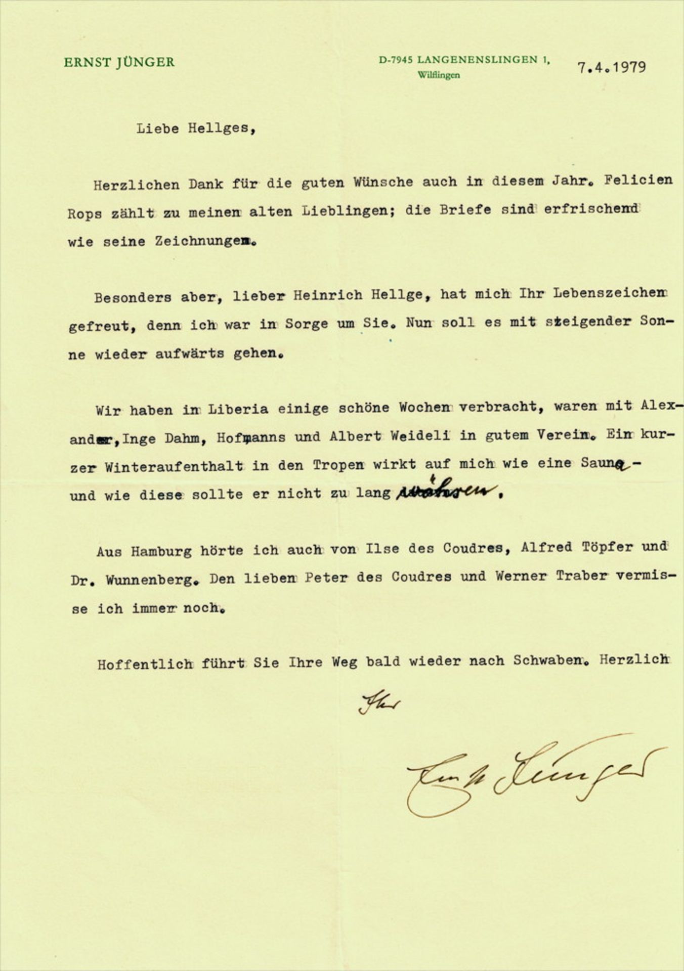 Ernst Jünger. 33 Briefe, davon acht eigenhändig, und 13 eigenhändige Karten, alle mit Unterschrift. - Bild 4 aus 5