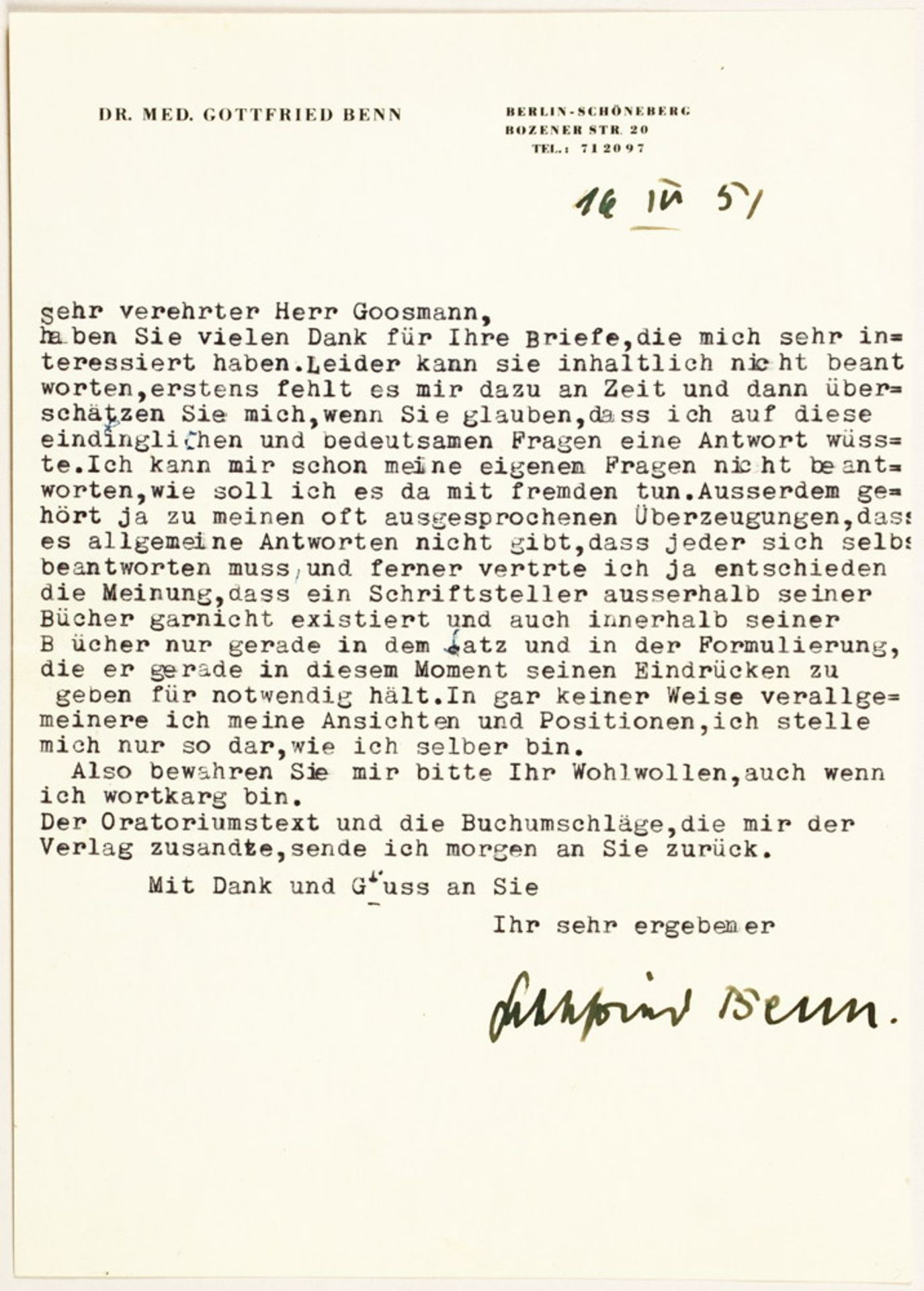Gottfried Benn. Brief mit eigenhändiger Unterschrift.
