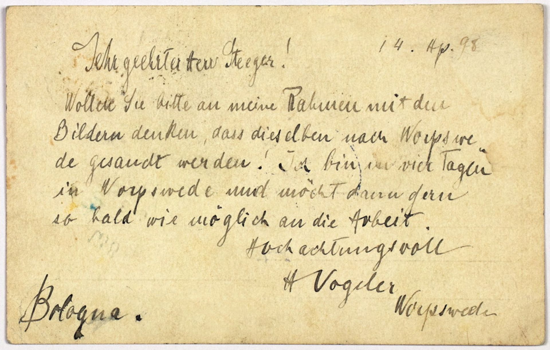 Heinrich Vogeler. Eigenhändige Briefkarte mit Unterschrift.