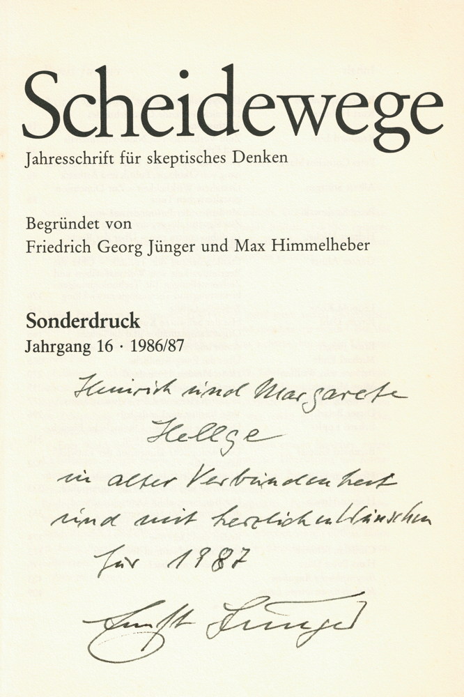 Ernst Jünger. Vier Sonderdrucke mit eigenhändigen, teils briefartigen Widmungen. - Image 4 of 4