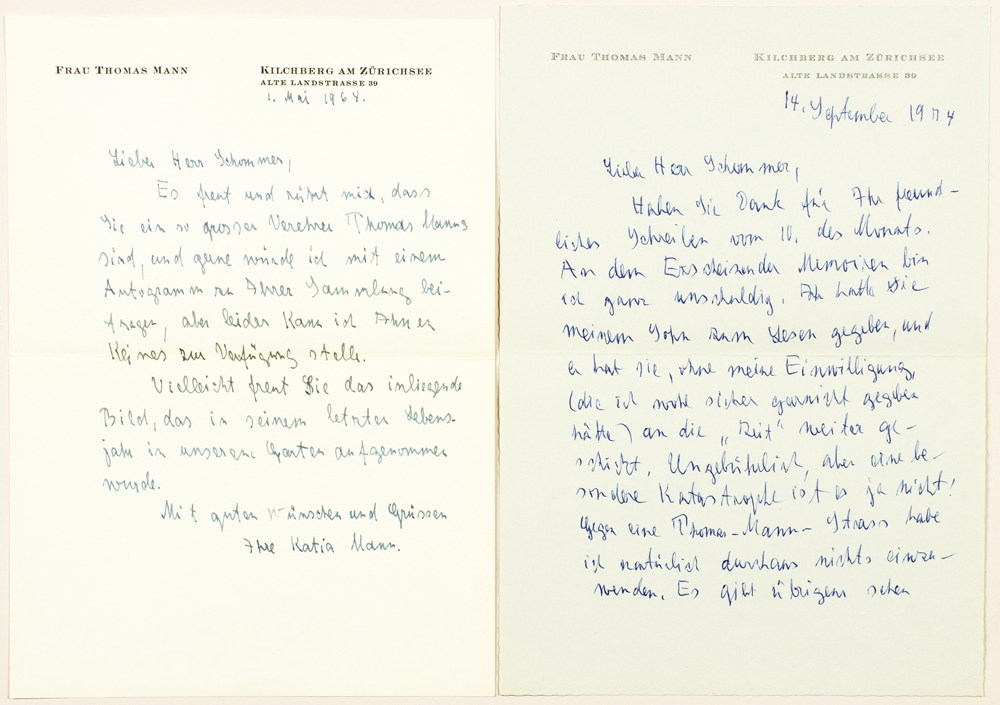 Katia Mann. Zwei eigenhändige Briefe mit Unterschrift und eine Originalfotografie mit rückseitiger W