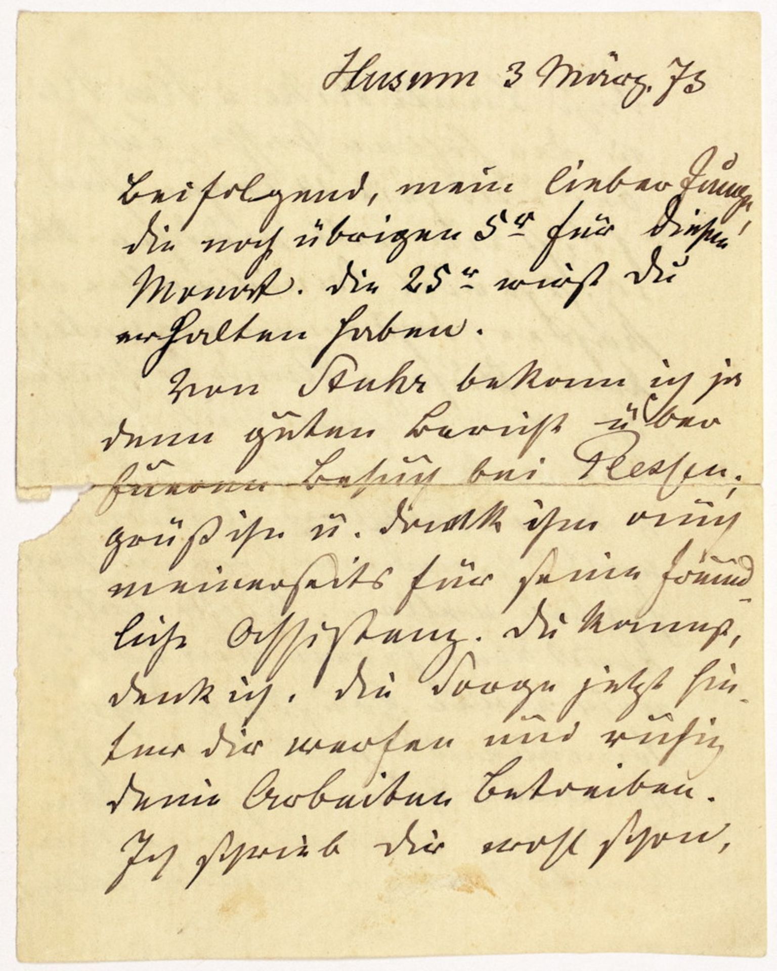 Theodor Storm. Eigenhändiger Brief mit Unterschrift »dein Vater«.