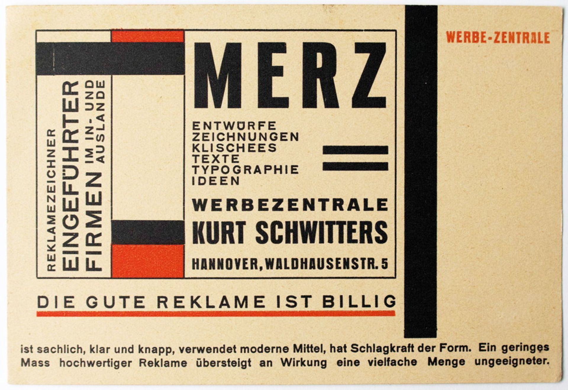 Kurt Schwitters. Merz Werbezentrale, Die gute Reklame ist billig.