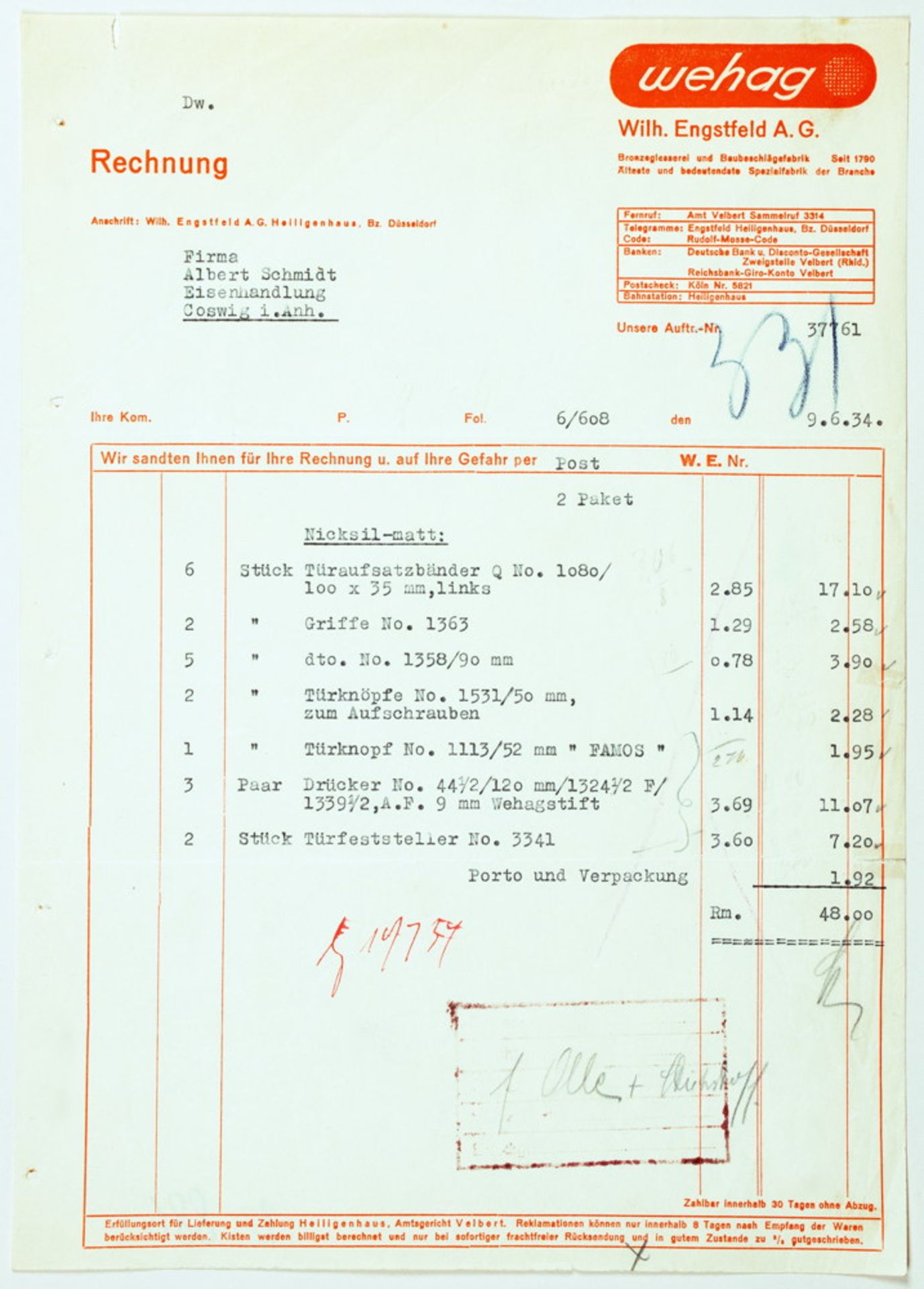 Max Burchartz. Rechnungsformular für Wehag (Wilhelm Engstfeld A.G.).