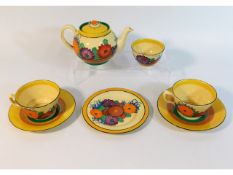 A Clarice Cliff Gayday pattern tea set for two, la