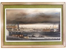 A framed Brian Shields "Braaq" (1951-1997) oil painting of industrial dock scene, image size 32.875i