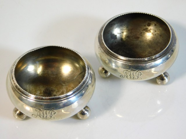A pair of Victorian 1893 Birmingham silver salts by Hirons Plante & Co. monogrammed, 43.1g, 46mm wid