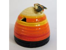 A Clarice Cliff Bizarre banded honey pot & cover,