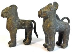 A pair of naïve 19thC. tribal art Benin bronze leo