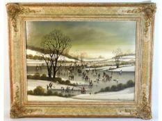 A framed Brian Shields "Braaq" (1951-1997) oil painting of ice skaters, image size 23.125in x 17.125